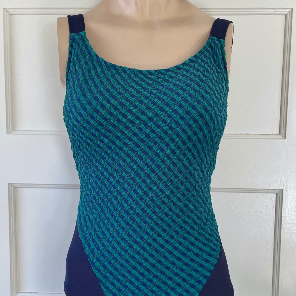 Jantzen One Piece Swimsuit/Navy & Forest Green Plaid Print/Vintage